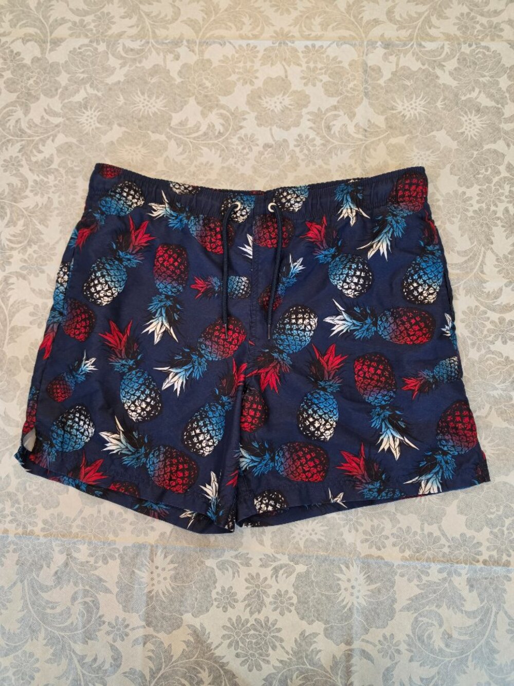 George Men's Pineapple Print Swim Trunks Navy Blue Size M (32-34) Mesh lined